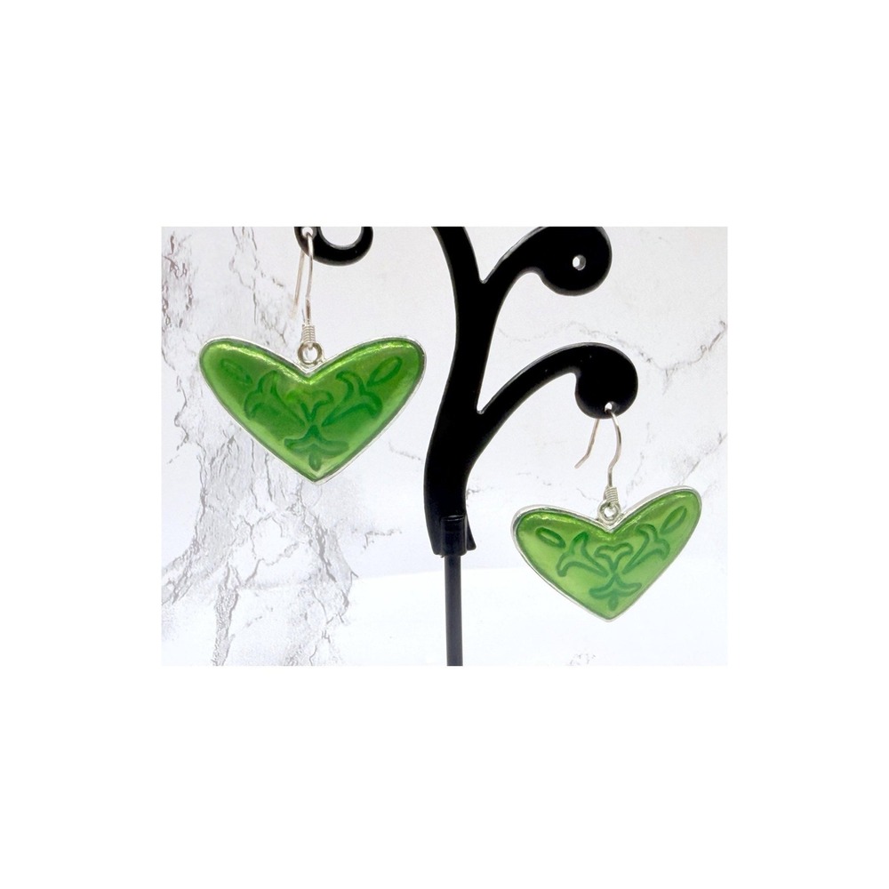 Artisan Green Wirework Heart Earrings Silver Tone Dangle Pierced
